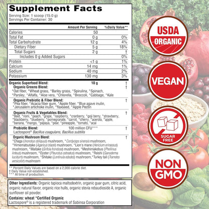 Country Farms Super Greens Berry Flavor, 50 Organic Super Foods, USDA Organic Drink Mix (Wheat Grass, Spirulina, Chlorella) Mushrooms & Probiotics, with Fiber, Gut Health, Natural Energy, 30 Servings
