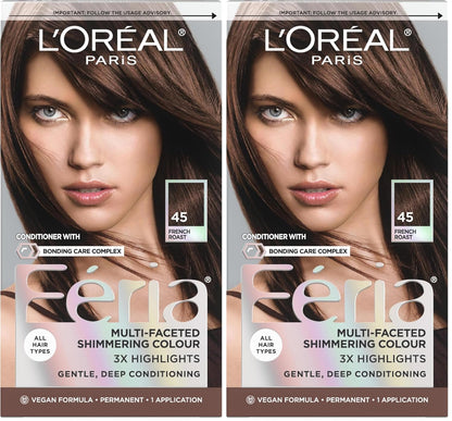 L'Oreal Paris Feria Multi-Faceted Shimmering Permanent Hair Color, 45 French Roast (Deep Bronzed Brown), Pack of 2 Hair Dye Kit
