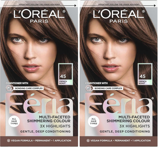 L'Oreal Paris Feria Multi-Faceted Shimmering Permanent Hair Color, 45 French Roast (Deep Bronzed Brown), Pack of 2 Hair Dye Kit