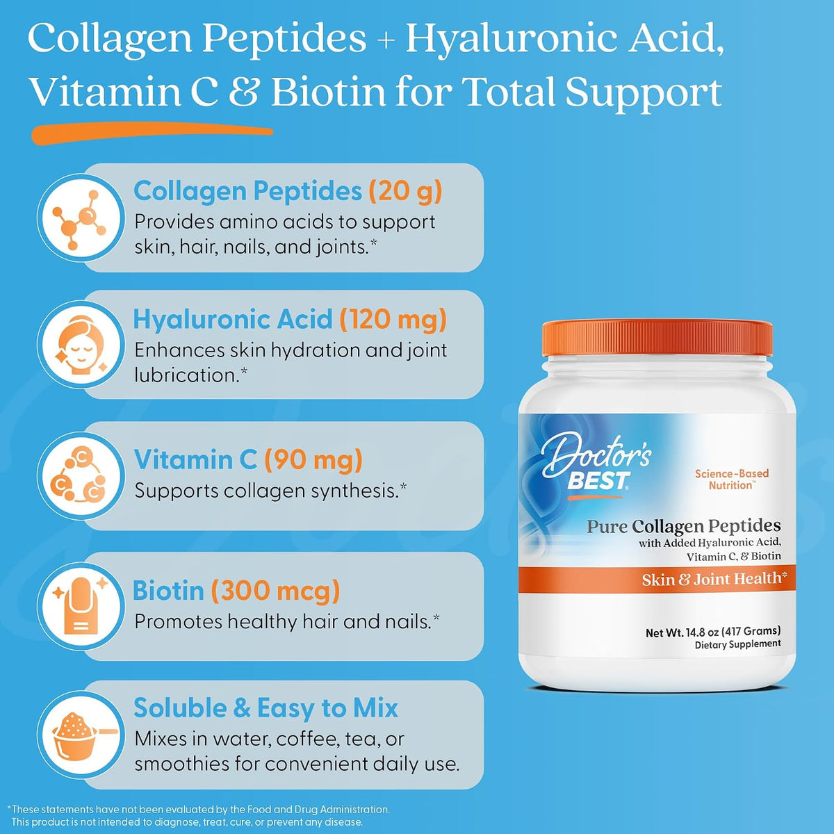 Doctor's BEST Pure Collagen Peptides w/Hyaluronic Acid, 14.8 oz