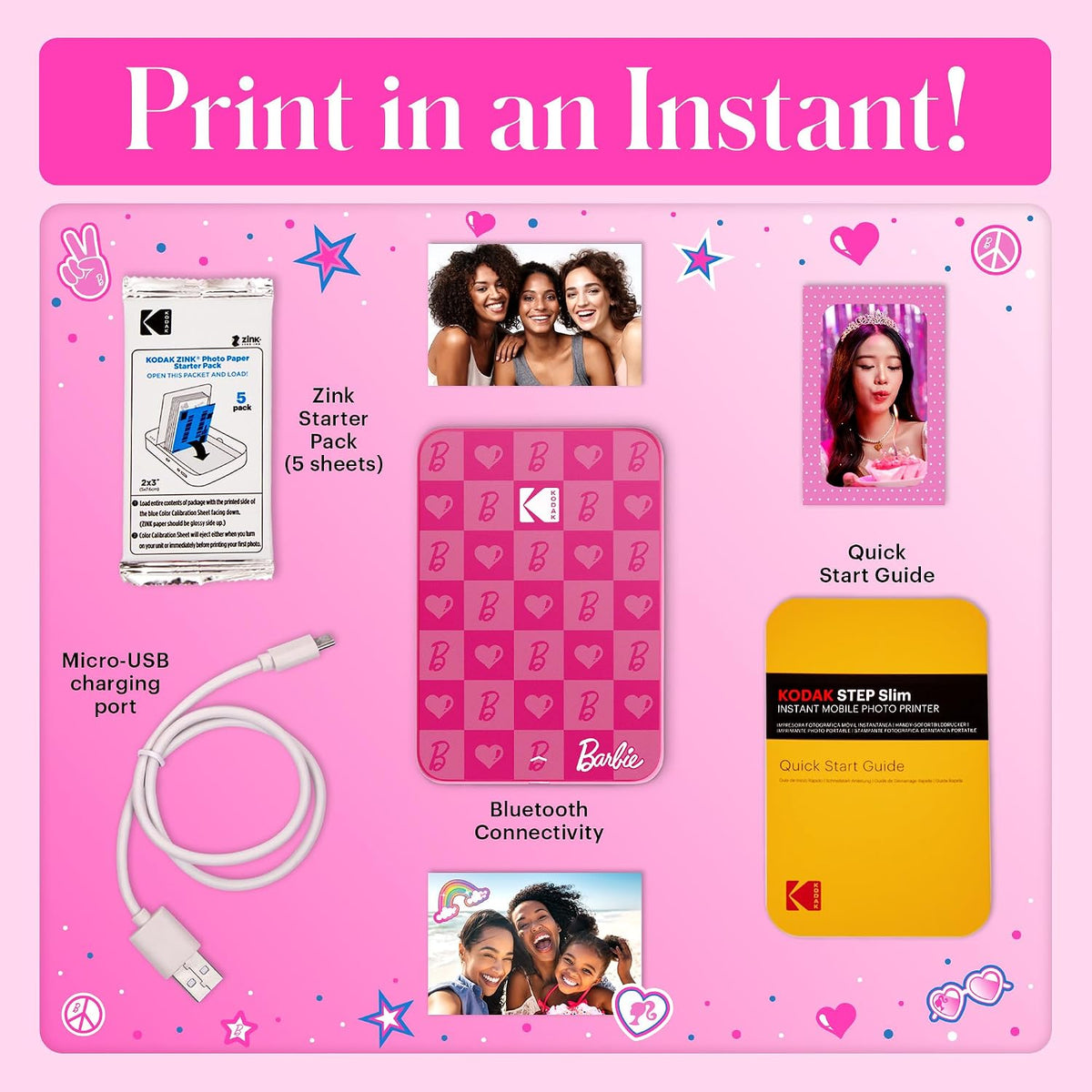 Kodak x Barbie Instant Smartphone Portable Photo Printer, Full Color, Wireless, Zink 2x3” (5.1x7.5 cm) Sticky-Back Photos, Print from iOS & Android Devices with Fun Editing App, Iconic Style