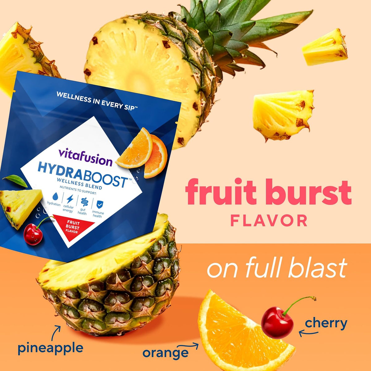 Vitafusion Hydraboost Drink Powder Packets, Electrolytes Support Daily Hydration, Vitamins Support Cellular Energy & Immune Health, Prebiotic Fiber Supports Gut Health, Fruit Burst, 15 Sticks
