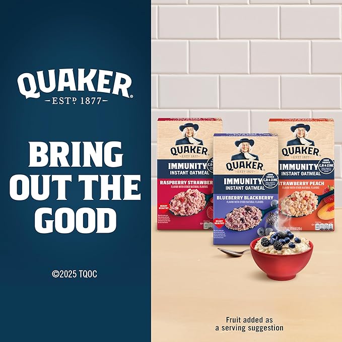 Quaker Immunity Instant Oatmeal, Blueberry Blackberry, Good Source of Vitamins C, D, & Zinc, Whole Grains, No Artificial Flavors, No Colors from Artificial Sources, 1.41 oz Packets, (6 Pack)