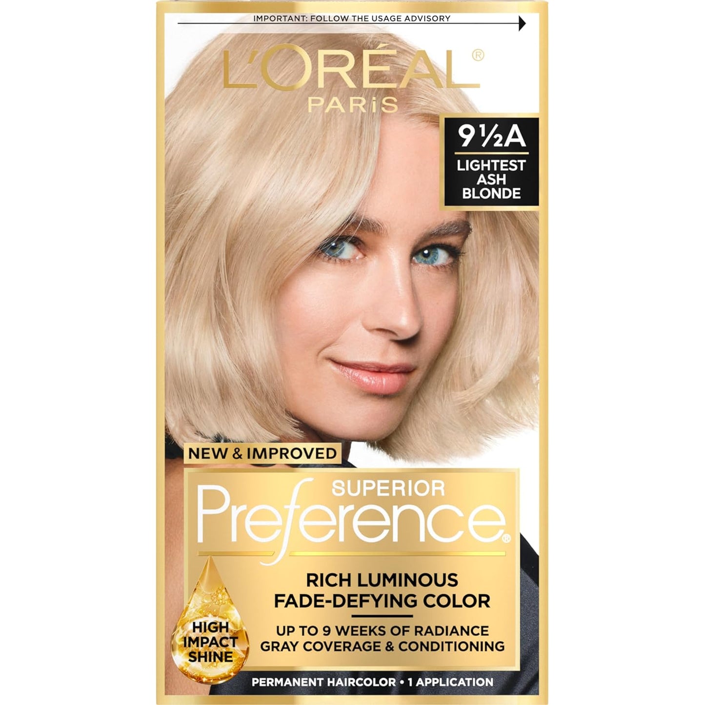 L'Oreal Paris Superior Preference Luminous Fade-Defying Permanent Hair Color, Hair Dye For Up to 9 Weeks of Radiance, Lightest Ash Blonde 9.5A, 1 Hair Dye Kit