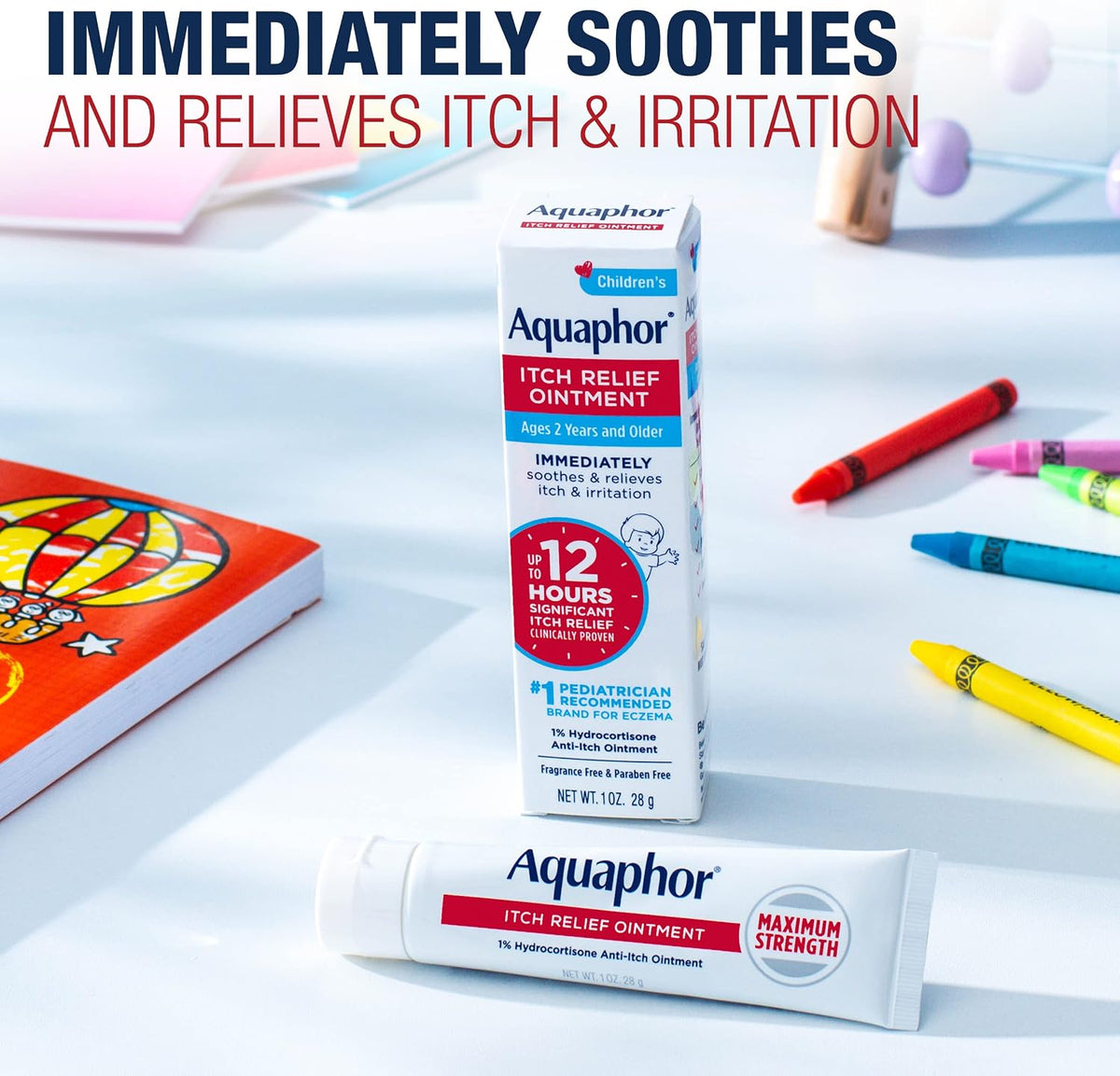 Aquaphor Children's Itch Relief Ointment,1% Hydrocortisone Anti Itch Ointment for Skin Irritation,Insect Bites,Psoriasis,Skin Rashes Eczema & Poison Ivy,Fragrance Free,1 Oz Tube,(Pack of 4)