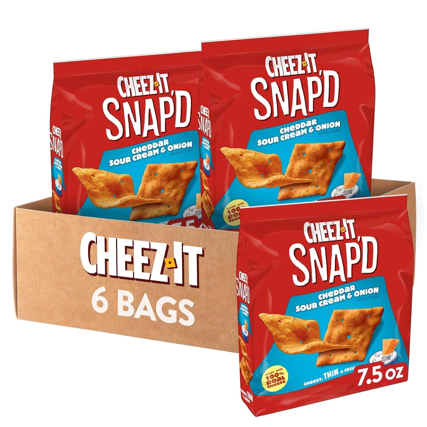 Cheez-It Snap'd Cheese Cracker Chips, Thin Crisps, Lunch Snacks, Cheddar Sour Cream and Onion, 45oz Case (6 Bags)
