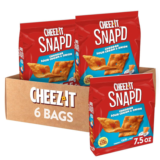 Cheez-It Snap'd Cheese Cracker Chips, Thin Crisps, Lunch Snacks, Cheddar Sour Cream and Onion, 45oz Case (6 Bags)