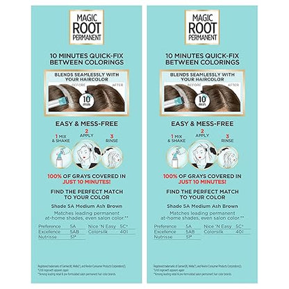 L'Oreal Paris Magic Root Permanent Hair Color Kit, 100% Gray Hair Coverage In Just 10 Minutes, Precision Brush Applicator for Seamless Application, 5A Medium Ash Brown (2 Count)