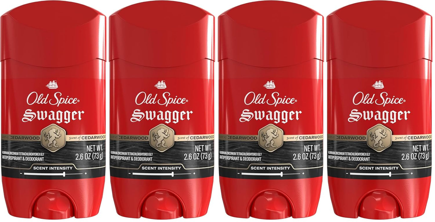 Old Spice Antiperspirant Deodorant for Men,24/7 Sweat & Odor Protection,24/7 Lasting Freshness,Invisible Solid,Swagger with Cedarwood Scent,2.6 oz,(Pack of 4)