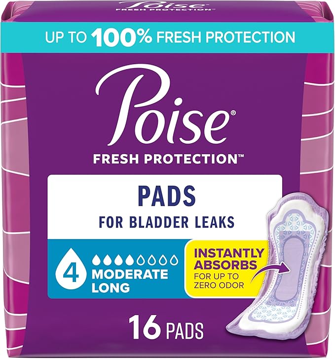 Poise Incontinence & Postpartum Pads for Bladder Leaks, 4 Drop Moderate Absorbency, Long Length, 16 Count, Packaging May Vary