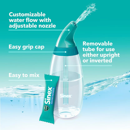 Vicks Sinex Saline Nasal Rinse Starter Kit, Drug Free Saline, Flush Out Mucus and Allergens, Fast & Effective Relief for Everyday Congestion from Sinus & Allergy, 1 Bottle + 30 Refill Packets