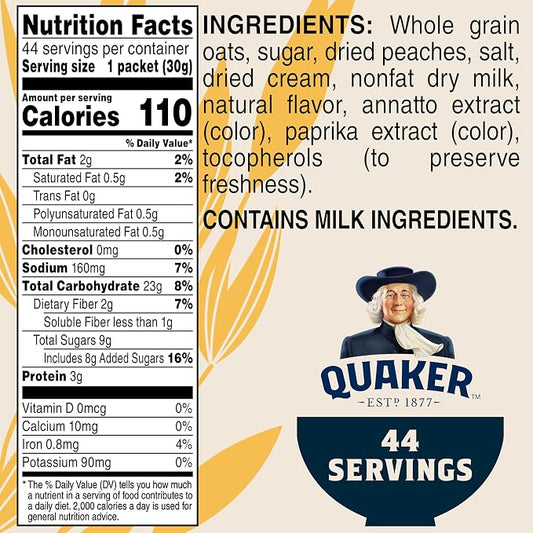 Quaker Instant Oatmeal, Peaches & Cream, 1.05oz, 44 Counts (Pack of 1)