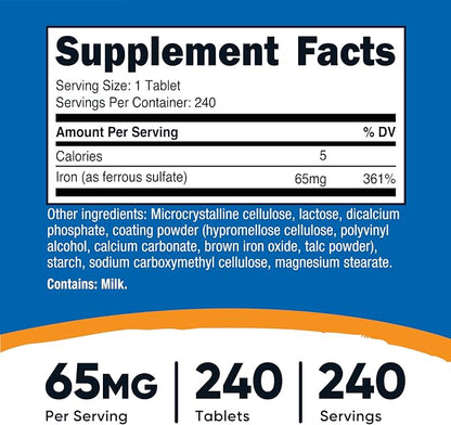 Nutricost Iron (As Ferrous Sulfate) 65mg, 240 Tablets - Non-GMO, Gluten Free (Pack of 2)