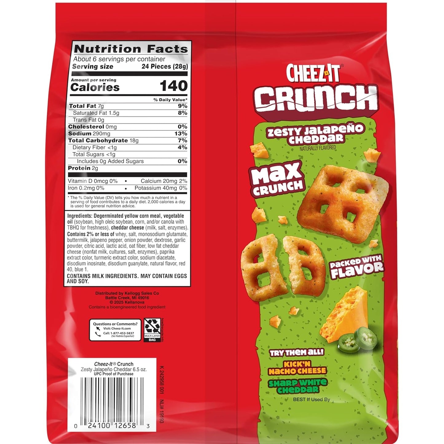 Cheez-It Crunch Cheesy Baked Snacks, Lunch Snacks, Zesty Jalapeno Cheddar, 6.5oz Bag (1 Bag)
