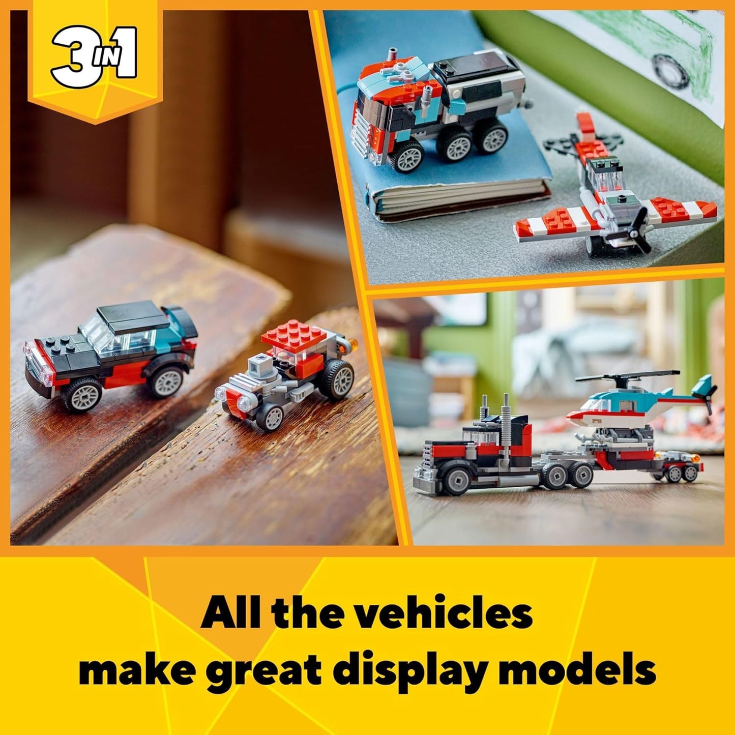 LEGO Creator 3 in 1 Flatbed Truck with Helicopter Toy, Transforms from Flatbed Truck Toy to Propeller Plane to Hot Rod and SUV Cars, Gift Idea for Boys and Girls Ages 7 Years Old and Up, 31146
