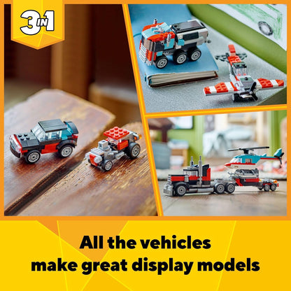 LEGO Creator 3 in 1 Flatbed Truck with Helicopter Toy, Transforms from Flatbed Truck Toy to Propeller Plane to Hot Rod and SUV Cars, Gift Idea for Boys and Girls Ages 7 Years Old and Up, 31146
