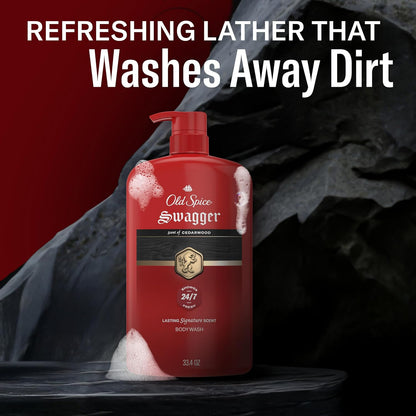Old Spice Body Wash for Men, 24/7 Shower Fresh with Long Lasting Scent, Refreshing 3X Defense, Red Collection, Swagger with Cedarwood Scent, 33.4 oz (Pack of 4)