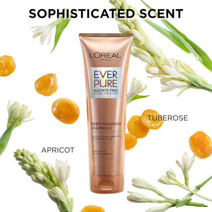 L'Oreal Paris Shampoo,Sulfate Free,Triple Action Hydration for Dry Hair,EverPure,8.5 Fl Oz (Packaging May Vary),Damaged,Color-Treated Hair,Apricot Oil Infused,Deep Nourish,(Pack of 36)