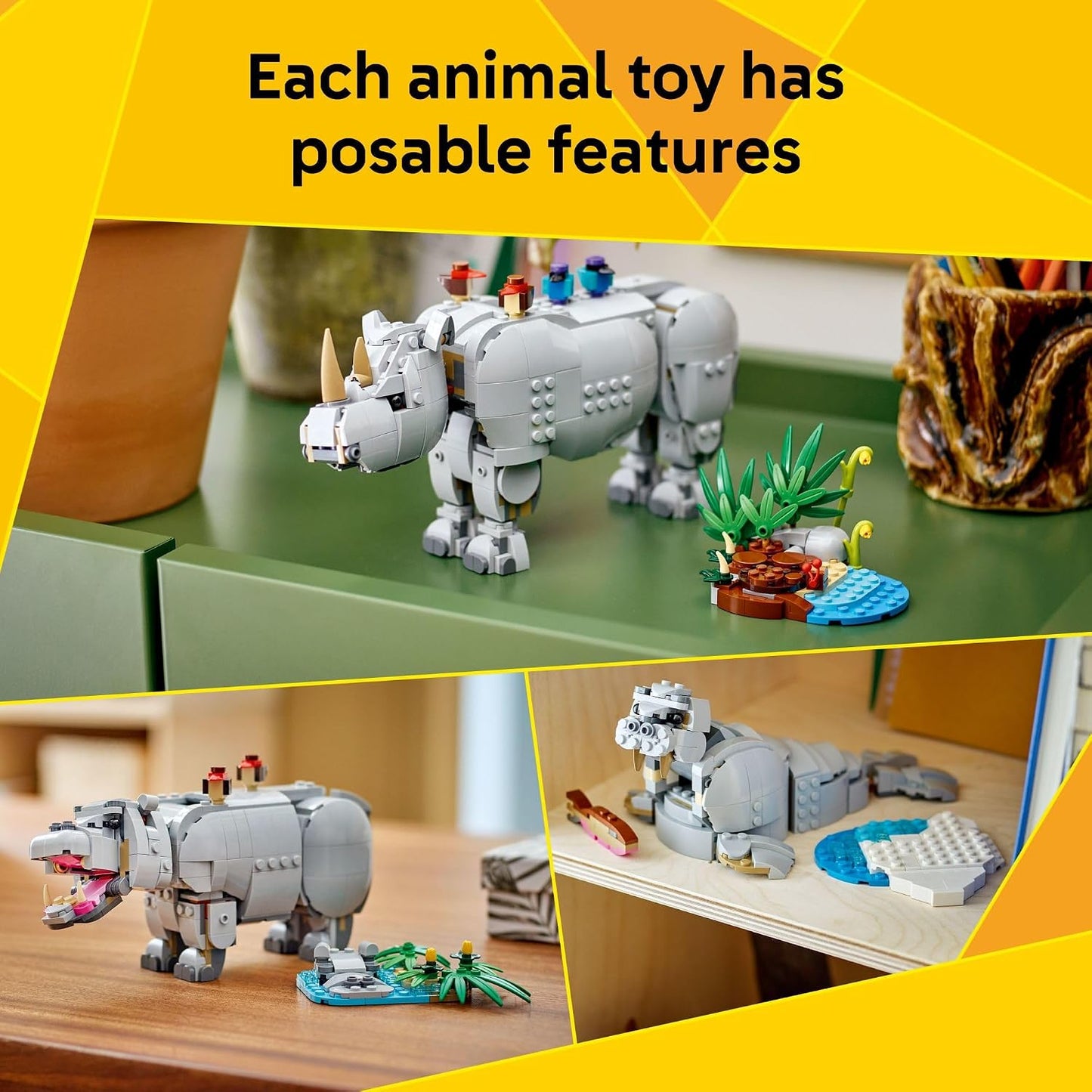 LEGO Creator 3 in 1 Wild Animals: Majestic Rhino with Birds Building Toys for Kids - Safari Pretend Play Toys for Girls & Boys, Ages 9+ - Gift for Birthdays - 31171