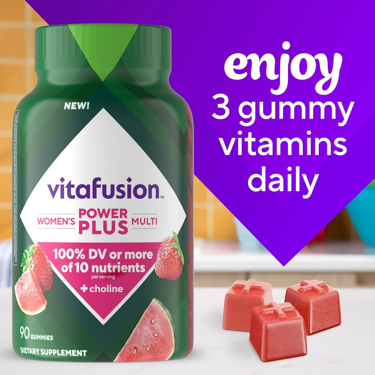 Vitafusion Power Plus Women’s Multivitamin Gummies,100% Daily Value or More of 10Nutrients,HelpsSupport Nerve,Energy Metabolism,Bone & Immune Health,Strawberry & Watermelon Flavor,90 Count (Pack of 2)