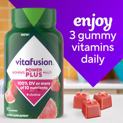 Vitafusion Power Plus Women’s Multivitamin Gummies,100% Daily Value or More of 10Nutrients,HelpsSupport Nerve,Energy Metabolism,Bone & Immune Health,Strawberry & Watermelon Flavor,90 Count (Pack of 2)