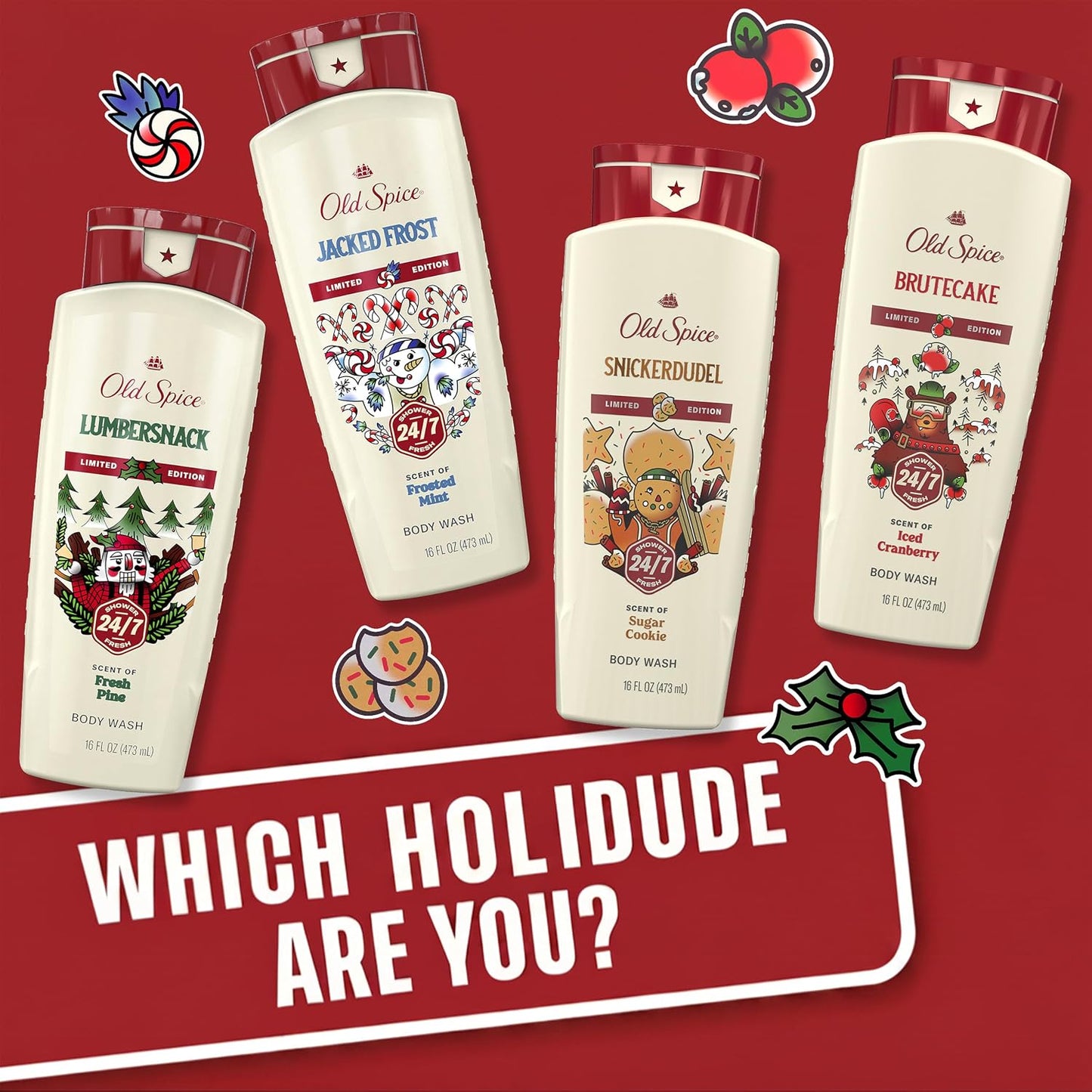 Old Spice Body Wash for Men, Holidudes Holiday Edition, 24/7 Holiday Freshness, Lasting Scent and Rich Lather, Stocking Stuffer, BruteCake with Iced Cranberry Scent, 16 oz