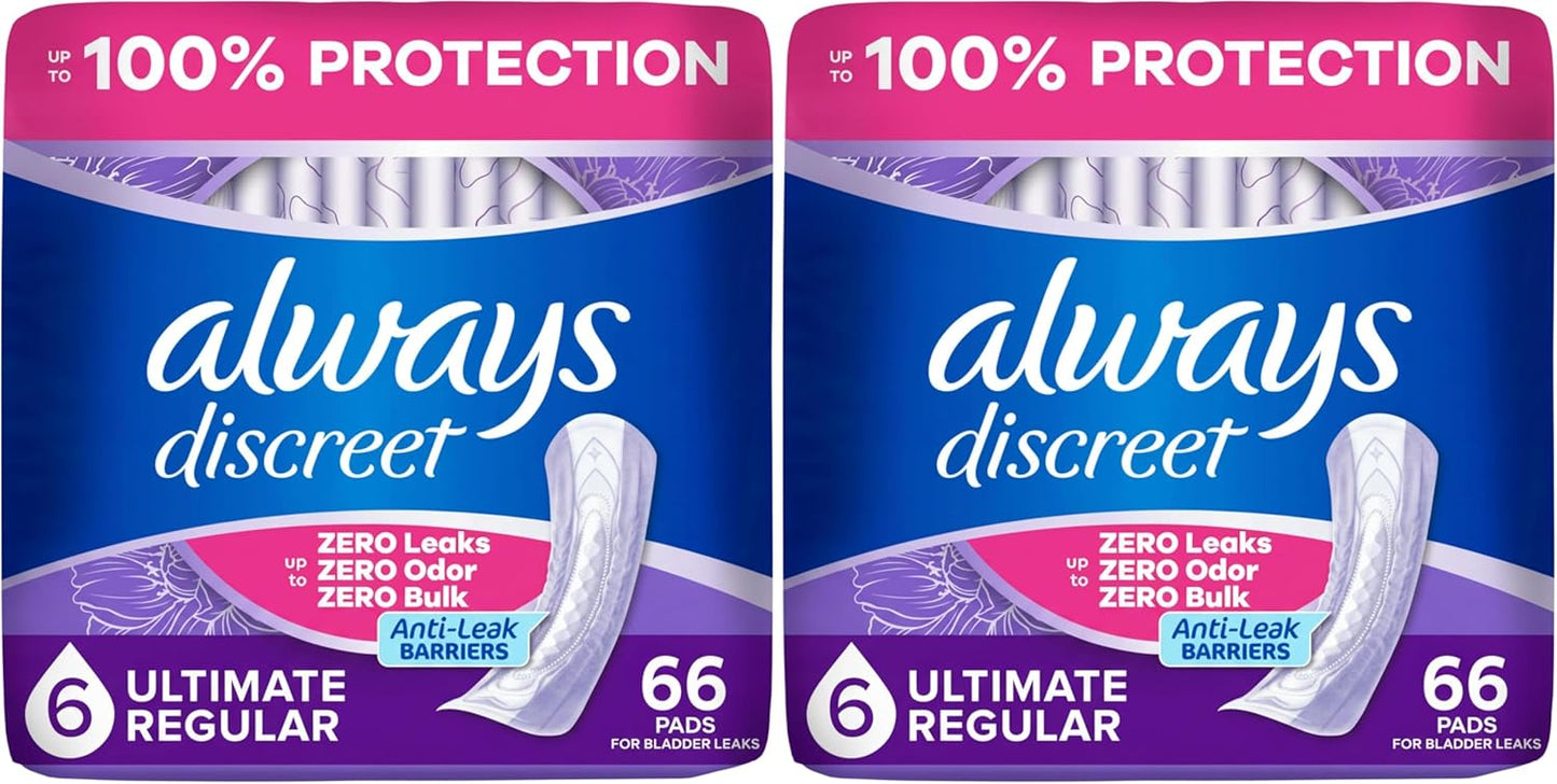 Always Discreet Adult Incontinence Pads for Women, Drier, 6 Drop Regular Length, Extra Heavy Absorbency, Pads for Bladder Control Management, Bladder Leaks, & Postpartum-Pads, 66ct (Pack of 2)