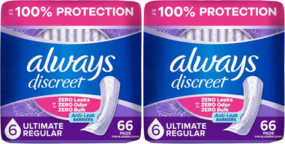 Always Discreet Adult Incontinence Pads for Women, Drier, 6 Drop Regular Length, Extra Heavy Absorbency, Pads for Bladder Control Management, Bladder Leaks, & Postpartum-Pads, 66ct (Pack of 2)