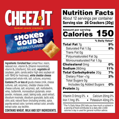 Cheez-It Baked Snack Crackers, Lunch Snacks, Smoked Gouda, 12.4oz Box (1 Box)
