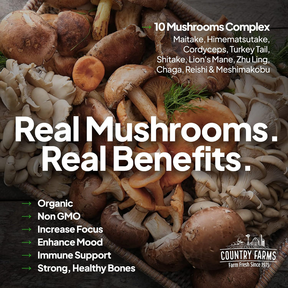 Country Farms Super Greens Natural Flavor, 50 Organic Super Foods, USDA Organic Drink Mix, Fruits, Vegetables, Super Greens, with Fiber, Mushrooms & Probiotics, Supports Energy, 60 Servings, 900g