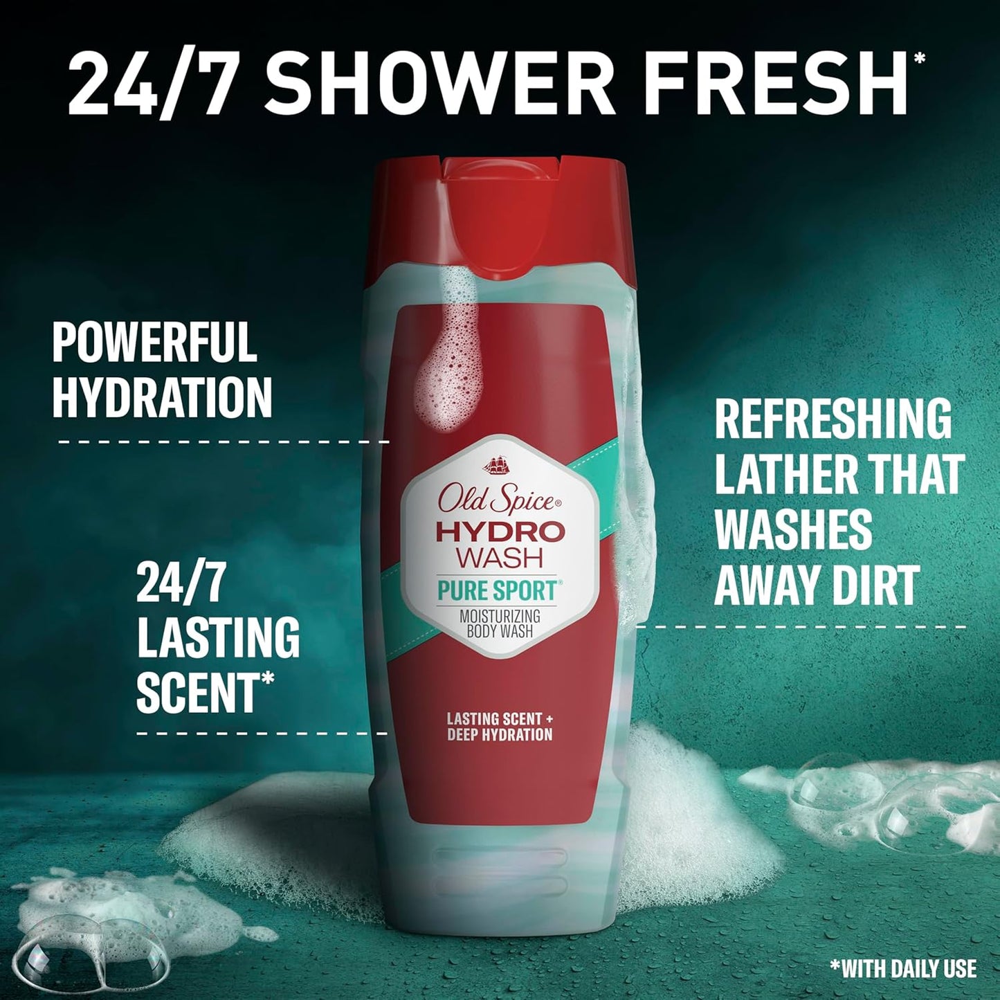 Old Spice Moisturizing Body Wash for Men, Hydro Wash, 2-in-1 Long Lasting Scent & Powerful Hydration to Fight Dry Skin, 24/7 Shower Fresh, Pure Sport Scent, 16 oz (Pack of 4)