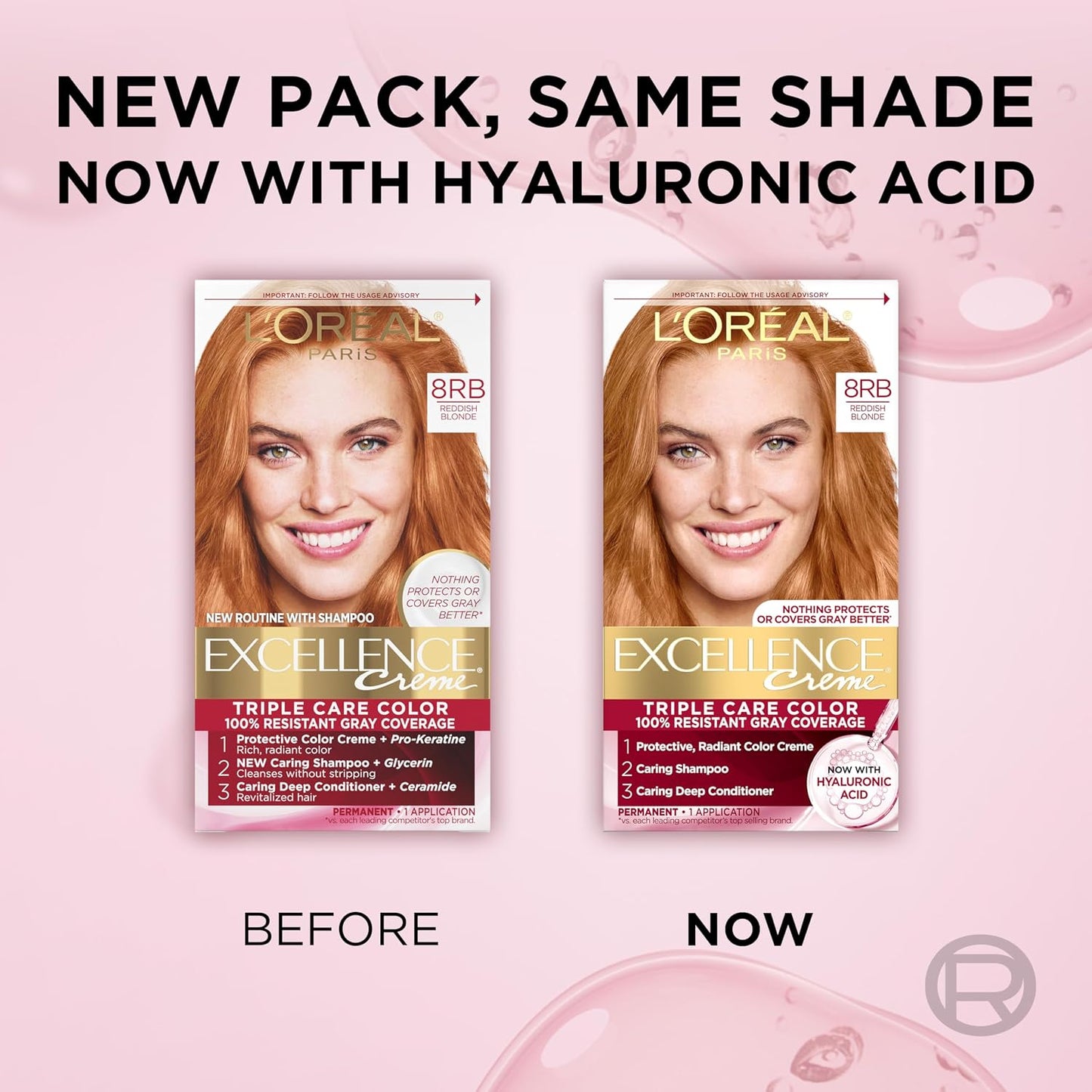 L'Oreal Paris Excellence Crème Permanent Hair Dye, Triple Care Hair Color with Hyaluronic Acid for 100% Gray Coverage, 8RB Reddish Blonde, 1 Kit (Packaging May Vary)