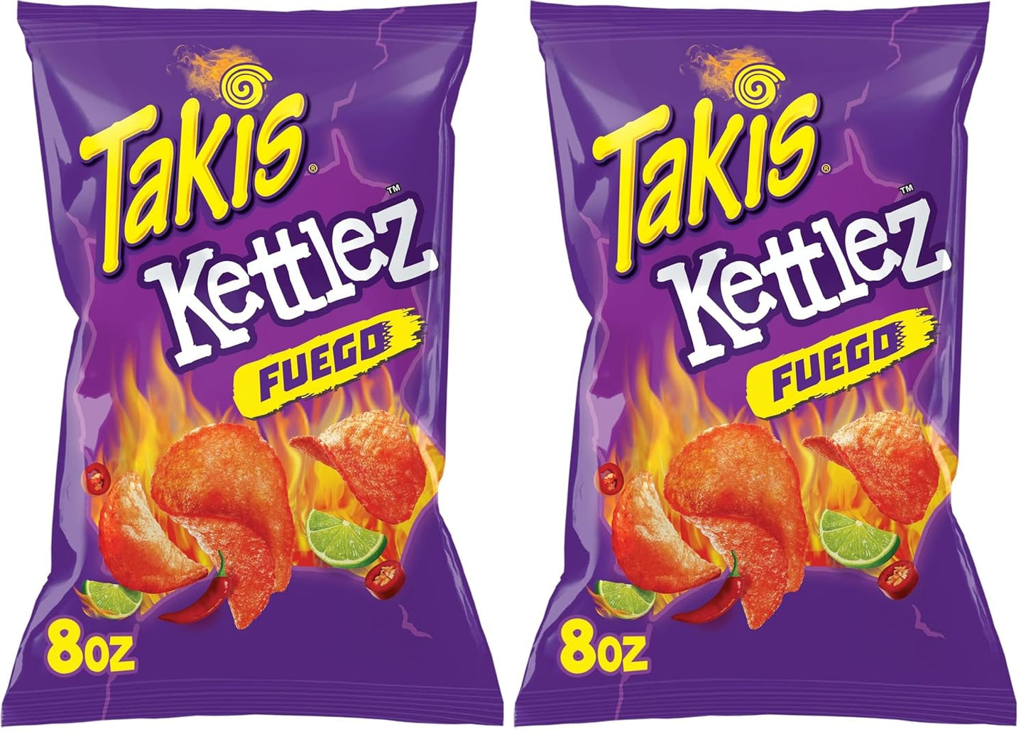 Takis Fuego Kettlez 8 oz Sharing Size Bag, Hot Chili Pepper & Lime Flavored Extreme Spicy Kettle-Cooked Potato Chips (Pack of 2)