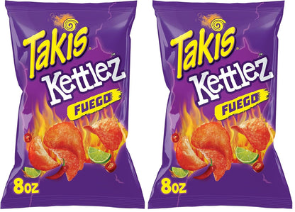 Takis Fuego Kettlez 8 oz Sharing Size Bag, Hot Chili Pepper & Lime Flavored Extreme Spicy Kettle-Cooked Potato Chips (Pack of 2)