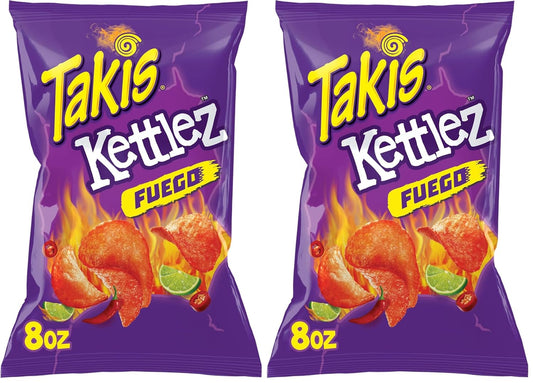 Takis Fuego Kettlez 8 oz Sharing Size Bag, Hot Chili Pepper & Lime Flavored Extreme Spicy Kettle-Cooked Potato Chips (Pack of 2)