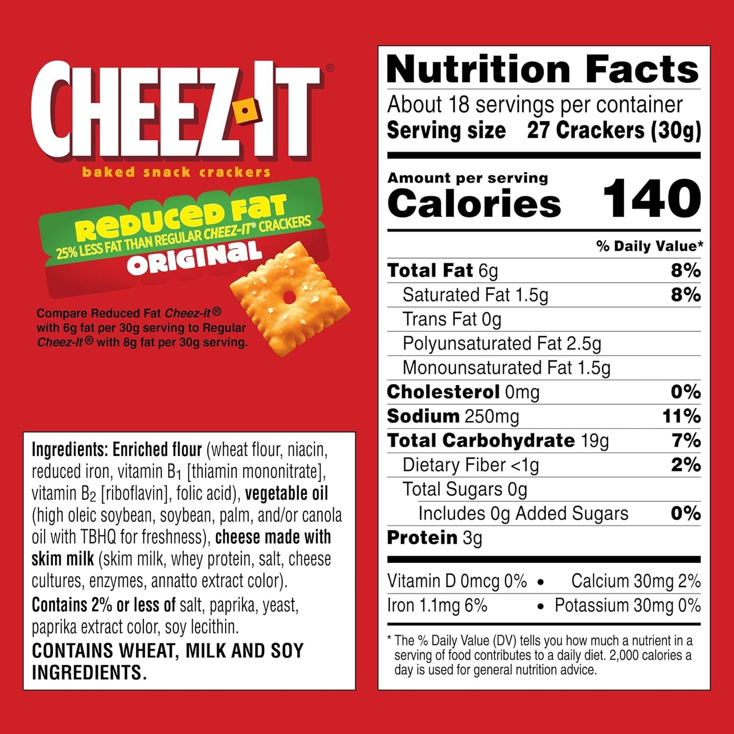 Cheez-It Cheese Crackers, Baked Snack Crackers, Lunch Snacks, Family Size, Reduced Fat Original, 19oz Box (1 Box)