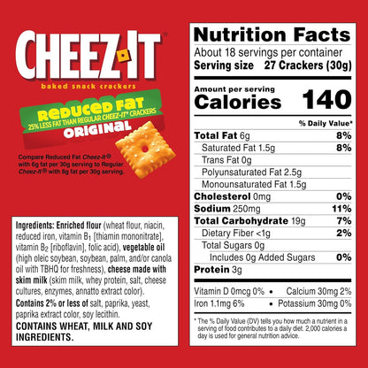 Cheez-It Cheese Crackers, Baked Snack Crackers, Lunch Snacks, Family Size, Reduced Fat Original, 19oz Box (1 Box)