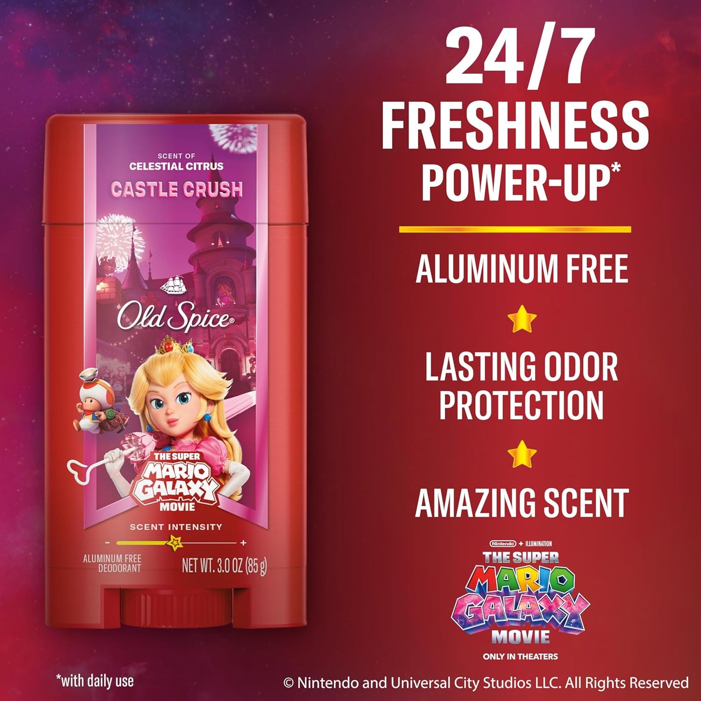 Old Spice Aluminum Free Deodorant for Men, Old Spice x The Super Mario Galaxy Movie, 24/7 Lasting Freshness, Lasting Odor Protection, Smell Super with Castle Crush, Celestial Citrus Scent, 3.0 oz