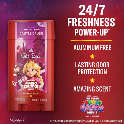 Old Spice Aluminum Free Deodorant for Men, Old Spice x The Super Mario Galaxy Movie, 24/7 Lasting Freshness, Lasting Odor Protection, Smell Super with Castle Crush, Celestial Citrus Scent, 3.0 oz