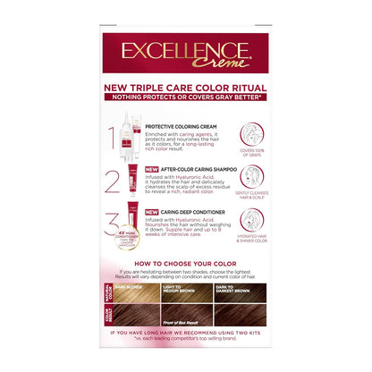 L'Oreal Paris Excellence Crème Permanent Hair Dye, Triple Care Hair Color with Hyaluronic Acid for 100% Gray Coverage, 5AR Medium Maple Brown, 1 Kit (Packaging May Vary)
