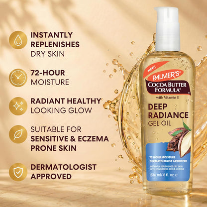 Palmer's Cocoa Butter Formula, Deep Radiance Gel Oil (8 oz), Hydrating Moisturizing Body Oil with Hyaluronic Acid, 48-Hour Hydration, For Sensitive, Eczema Prone or Oily Skin, Dermatologist-Approved