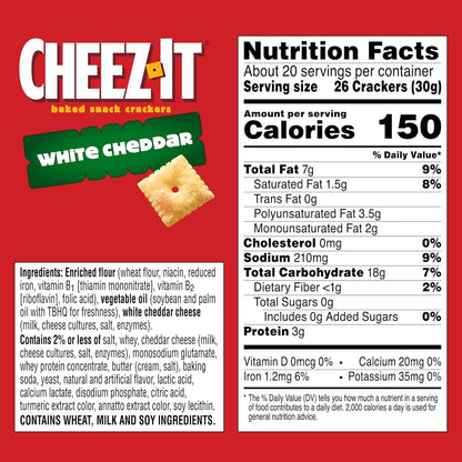 Cheez-It Cheese Crackers, Baked Snack Crackers, Lunch Snacks, Family Size, White Cheddar, 21oz Box (1 Box)