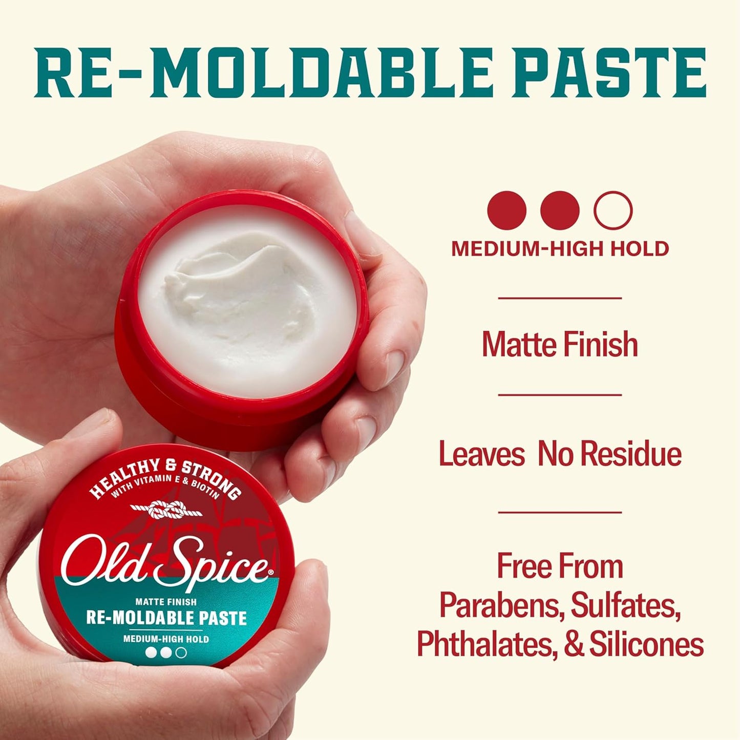 Old Spice Mens Hair Paste, Re-Moldable Paste for Men, Healthy & Strong with Vitamin E & Biotin, Hair Styling, Medium-High Hold, Matte Finish, 2.22 oz