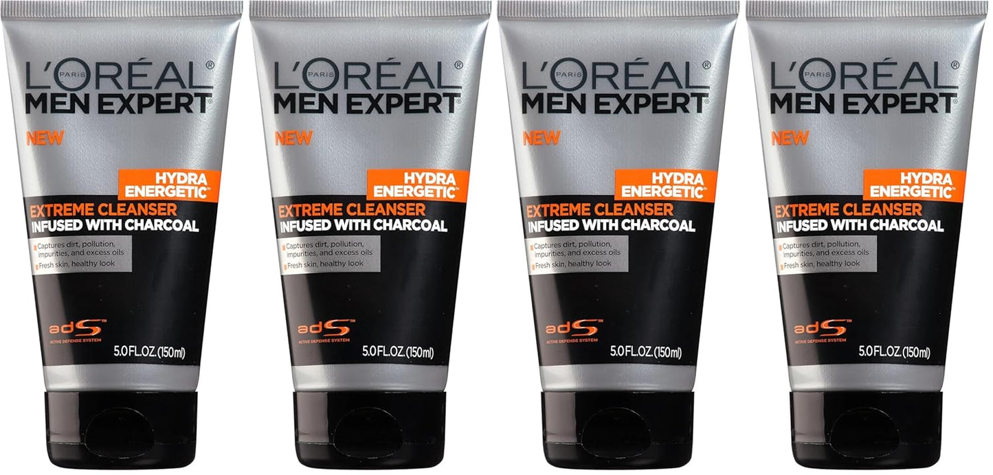L'Oreal Paris Men Expert Hydra Energetic Daily Facial Cleanser with Charcoal,.,(Pack of 4)