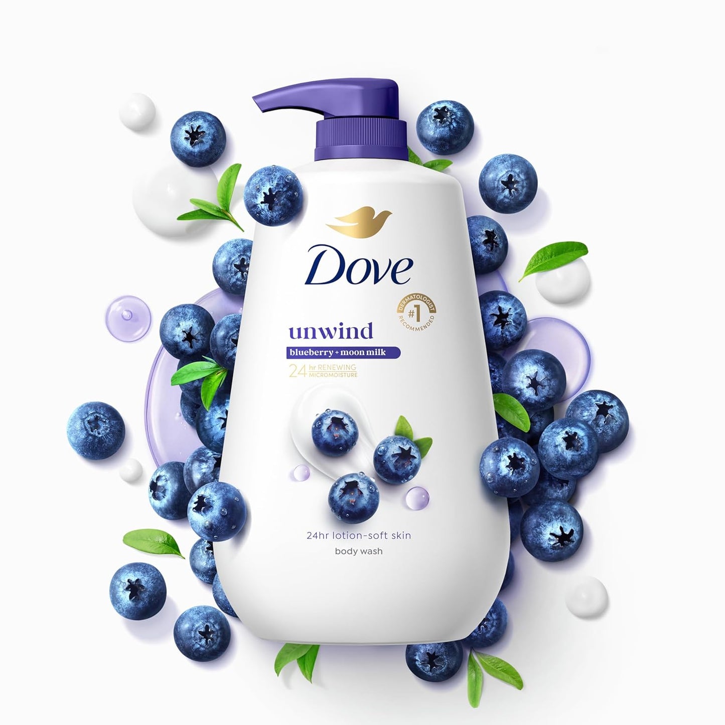 Dove Body Wash Unwind Blueberry & Moon Milk For 24hr Lotion-Soft Skin Moisturizing Skin Cleanser with No Sulfates No Parabens 30.6 oz (Pack of 3)