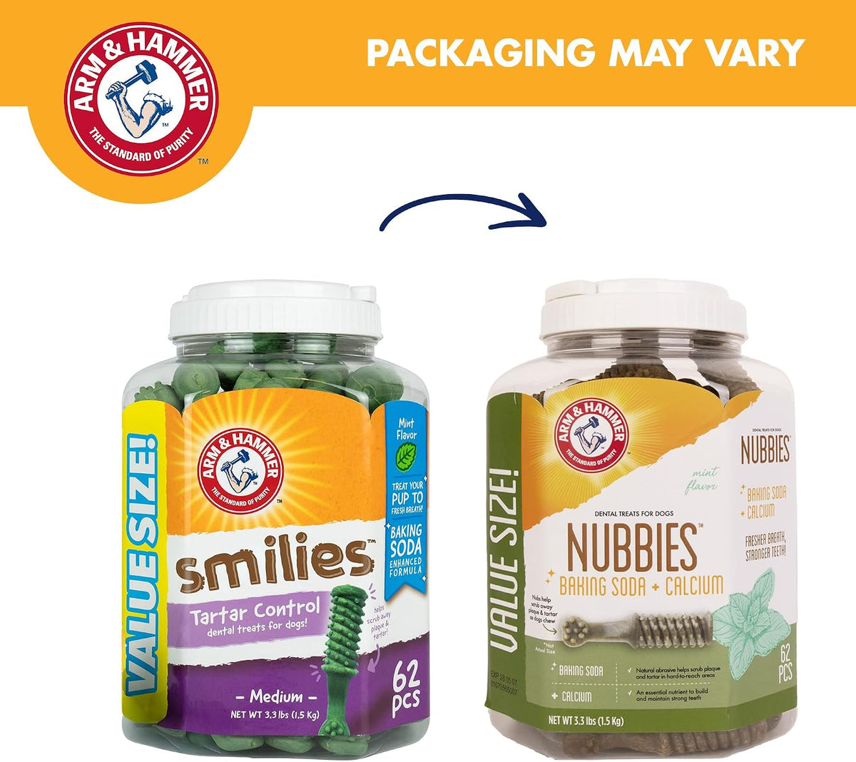 Arm & Hammer Nubbies, Dental Dog Treats, Mint Flavor, 62 Count Bucket