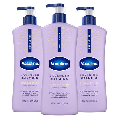 Vaseline Intensive Care Calm Healing Body Lotion 3 count for Dry Skin Made with Ultra-Hydrating Lipids and Lavender Extract to Heal and Restore Dry Skin 20.3 oz