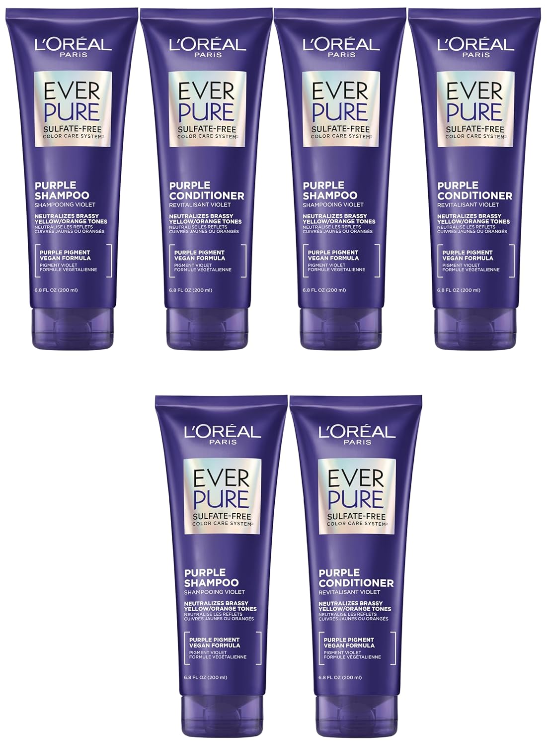 L'Oreal Paris EverPure Purple Shampoo and Conditioner Set, Sulfate-Free Brass Toning for Blonde, Bleached, Highlighted, Silver or Gray Color-Treated Hair, 6.8 Fl Oz, Pack of 6
