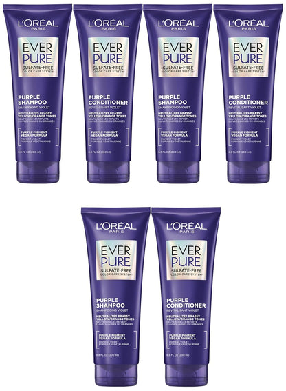 L'Oreal Paris EverPure Purple Shampoo and Conditioner Set, Sulfate-Free Brass Toning for Blonde, Bleached, Highlighted, Silver or Gray Color-Treated Hair, 6.8 Fl Oz, Pack of 6