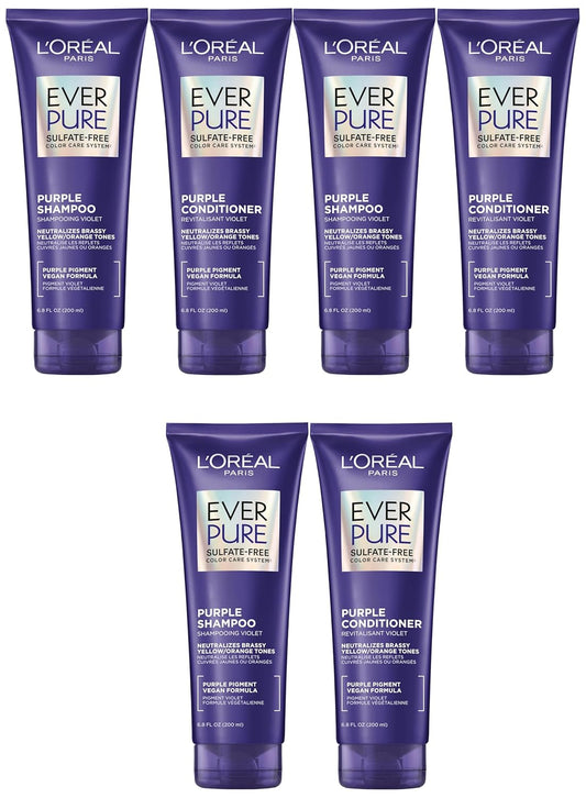L'Oreal Paris EverPure Purple Shampoo and Conditioner Set, Sulfate-Free Brass Toning for Blonde, Bleached, Highlighted, Silver or Gray Color-Treated Hair, 6.8 Fl Oz, Pack of 6